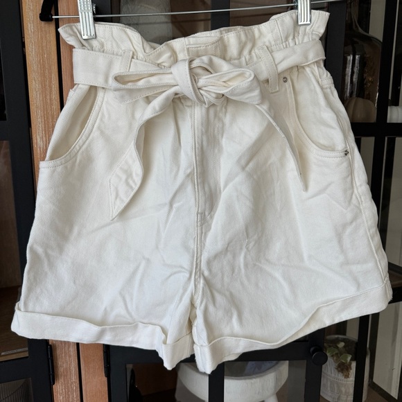 H&M denim shorts paper bag waist high rise jeans ivory pockets tie adjustable - Picture 1 of 7